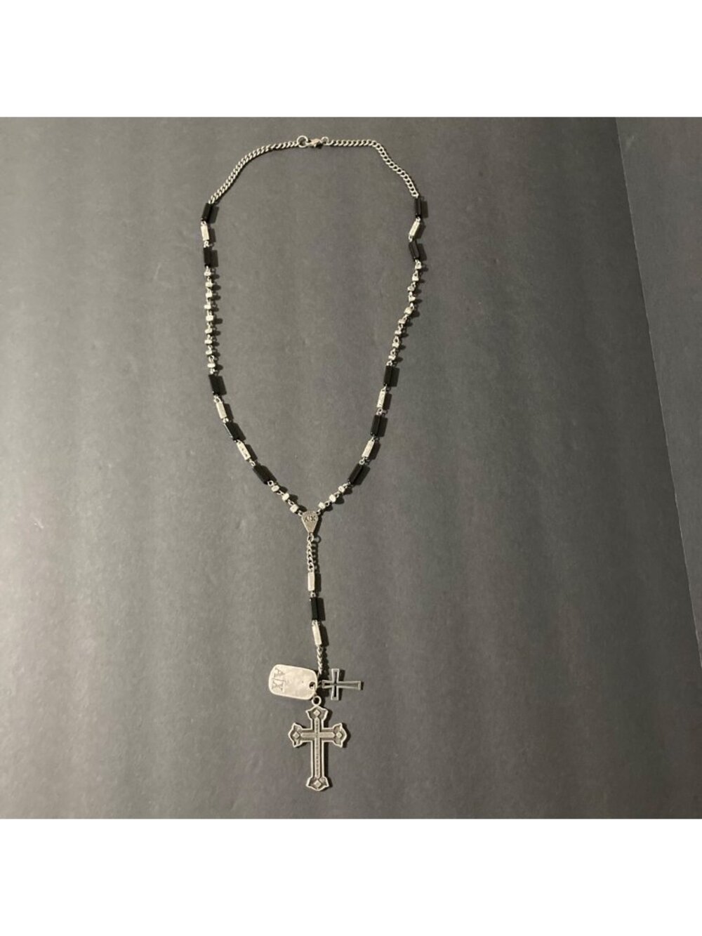 Armani Exchange Silver & Black Beaded Cross Rosary Style Necklace